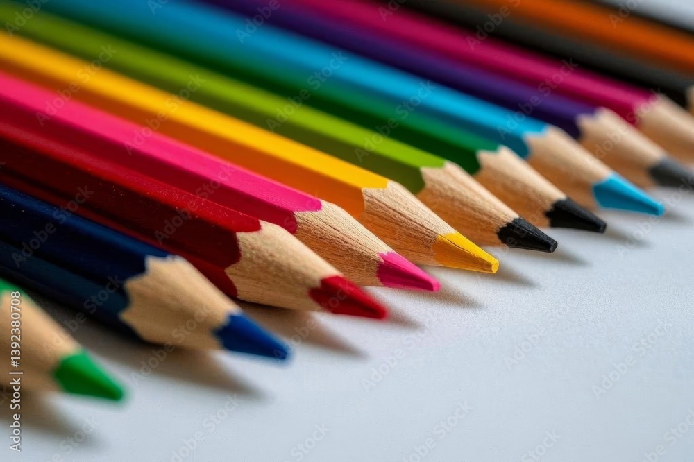 a close up of a row of colored pencils on a white surface a close up of a row of colored pencils on a white surface