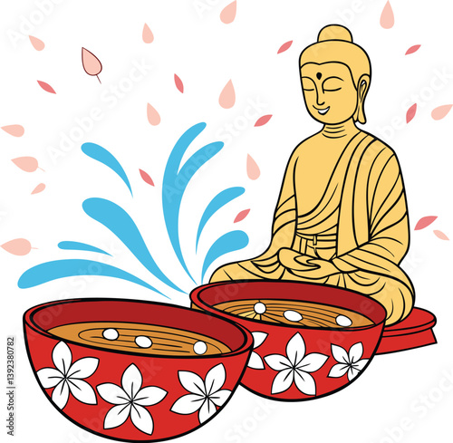 A golden Buddha statue with two red bowls of water and flowers in front, surrounded by blue splashes and scattered pink petals.