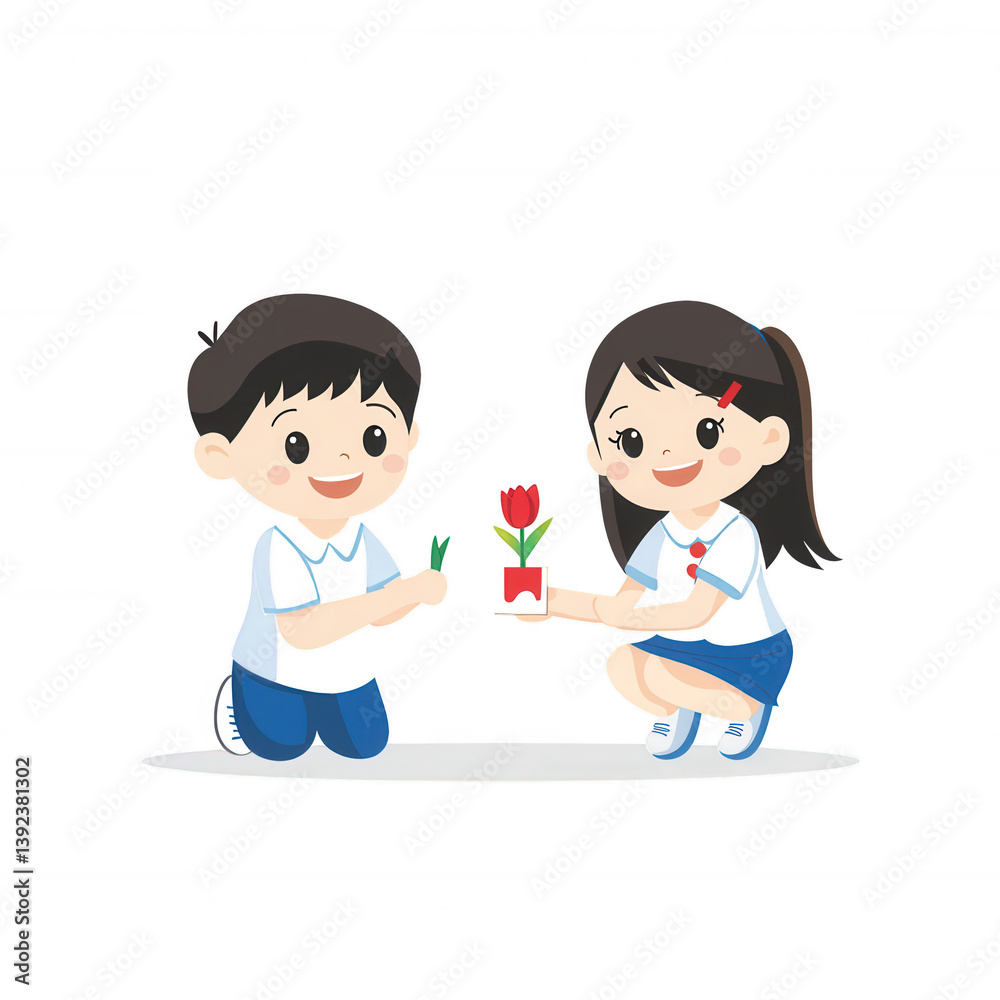 Two cheerful kids kneeling, presenting a red flower in a pot, showcasing friendship and gratitude, isolated on a white background. Two cheerful kids kneeling, presenting a red flower in a pot, showcasing friendship and gratitude, isolated on a white background.