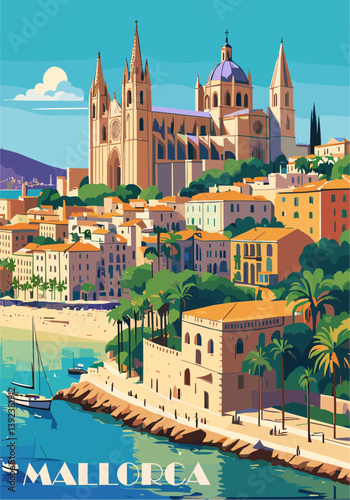 Mallorca, Spain travel destination poster in retro style. Colorful vector art iillustration