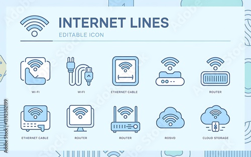 Illustration of internet and network connectivity icons with wifi router and cloud storage symbols