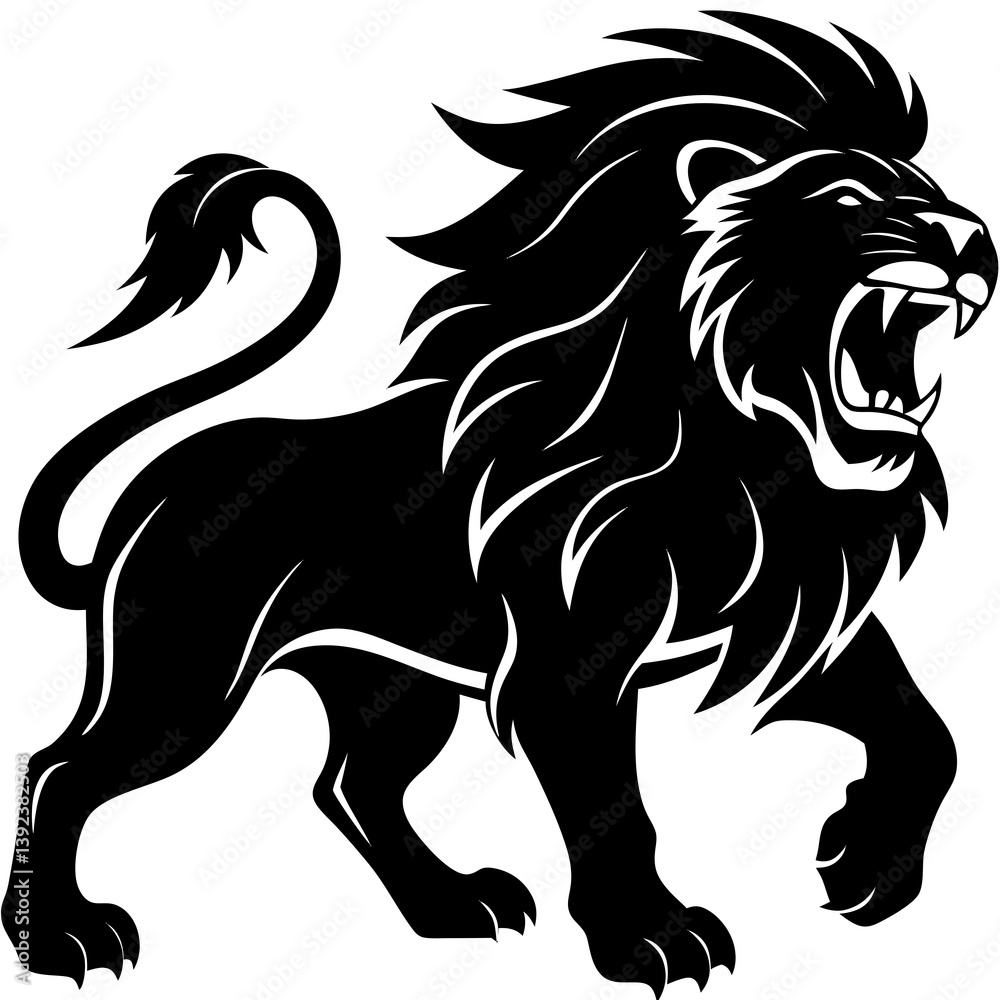 Fototapeta premium Vector Silhouette of Roaring Lion: Powerful Mane & Commanding Stance