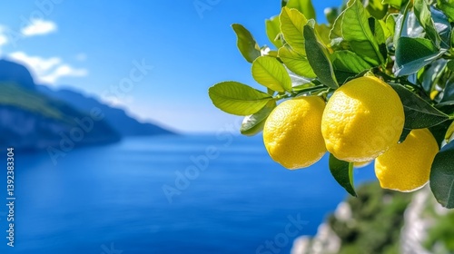 Sunlit Amalfi Coast cliffs with lemon trees and sparkling blue sea dreamy southern Italy background 