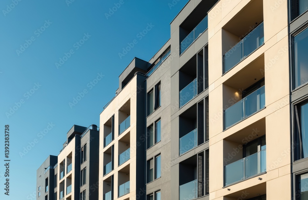 Modern architecture building facade with balconies, windows against clear blue sky. High-rise residential apartments, urban real estate development in city. New home apartments, accommodation. Modern architecture building facade with balconies, windows against clear blue sky. High-rise residential apartments, urban real estate development in city. New home apartments, accommodation.