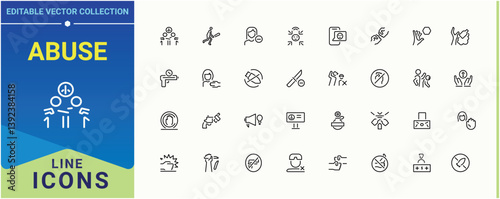 Abuse line icon. Contains outline symbols like man, harassment, victim, crime and more. Violence linear icon collection. Minimalist linear icons. Editable vector illustration.