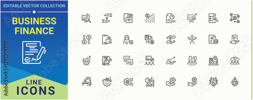 Business Finance related icon. Includes symbols for market, accounting, finance, currency, exchange, business, bank and more. Finance And Business icon. Set of line pictogram. Vector illustration.