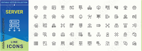 Server vector icon set. Featuring network, compute, hosting, data, cloud, storage, internet and more. Minimalist icons collection. Computer icon. Vector illustration in modern line style.