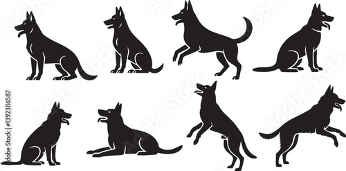 German Shepherd dog silhouette set in various poses. Guard dog vector clipart in black, perfect for pet design, training, police K9 themes