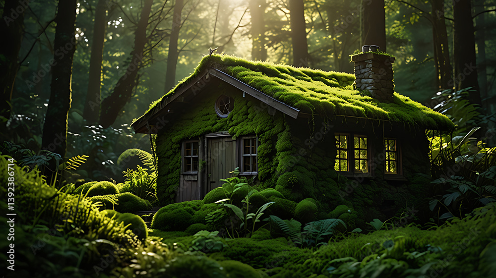 A charming, moss-covered cabin nestled in a lush green forest A charming, moss-covered cabin nestled in a lush green forest