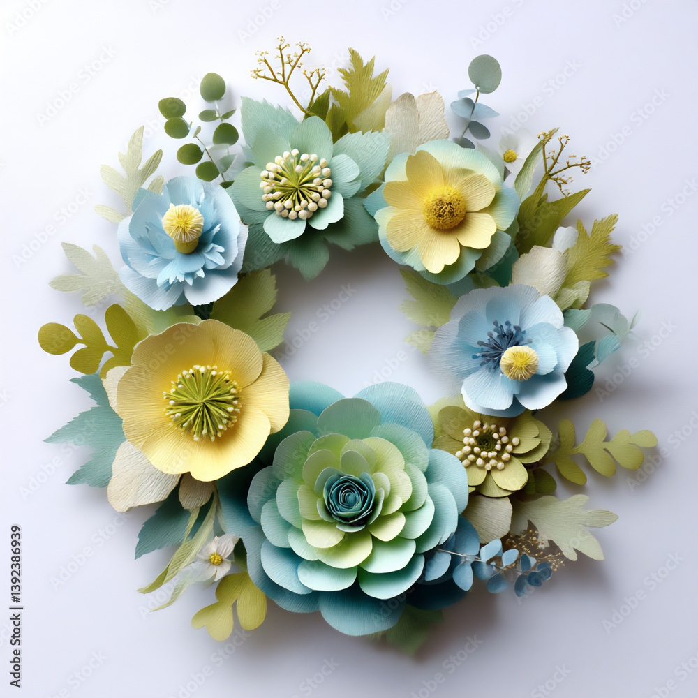 Obraz premium 3d paper cut flower wreath in pastel blue, green, and yellow on a white background.