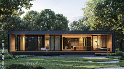 Modern prefab modular home with minimalist design in serene forest setting