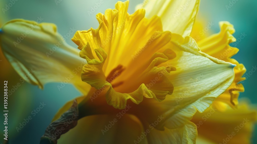 Obraz premium Yellow Daffodil Blossom in Soft Sunlight Macro