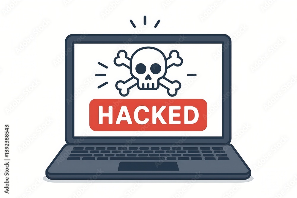 Hacked Laptop Screen with Skull and Crossbones Symbol