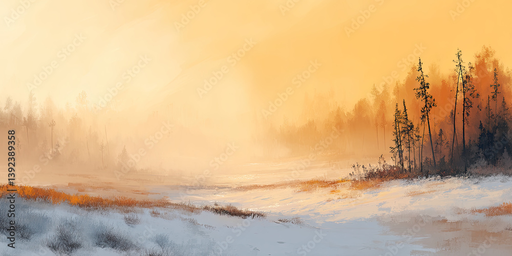 Naklejka premium Anime heavy snow landscape, winter frost scenery, blizzard background, snowy cartoon illustration, cold season graphic
