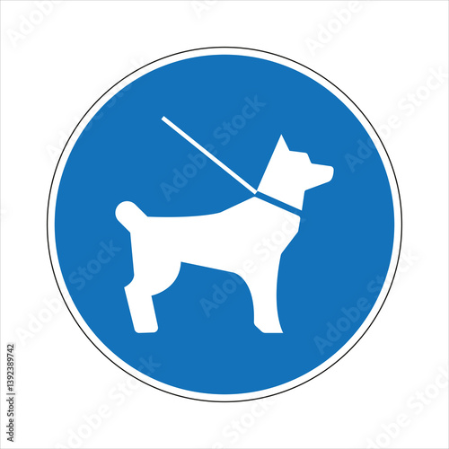 Blue round mandatory sign showing a leashed dog, promoting responsible pet ownership in public spaces