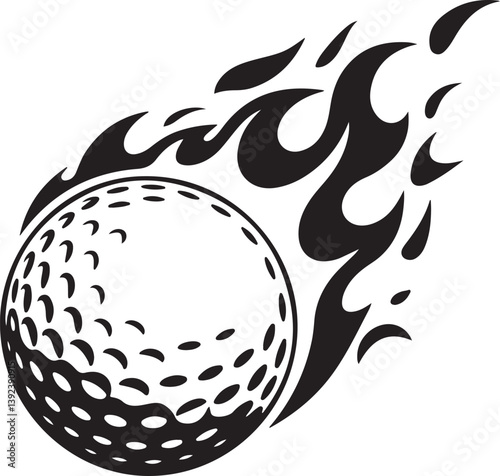 Vector illustration of a flaming golf ball in fast motion, designed in bold black silhouette for sports and dynamic icon themes