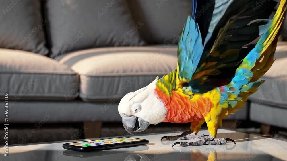 Parrot with a smartphone. The concept of a person who is unable to use office equipment.