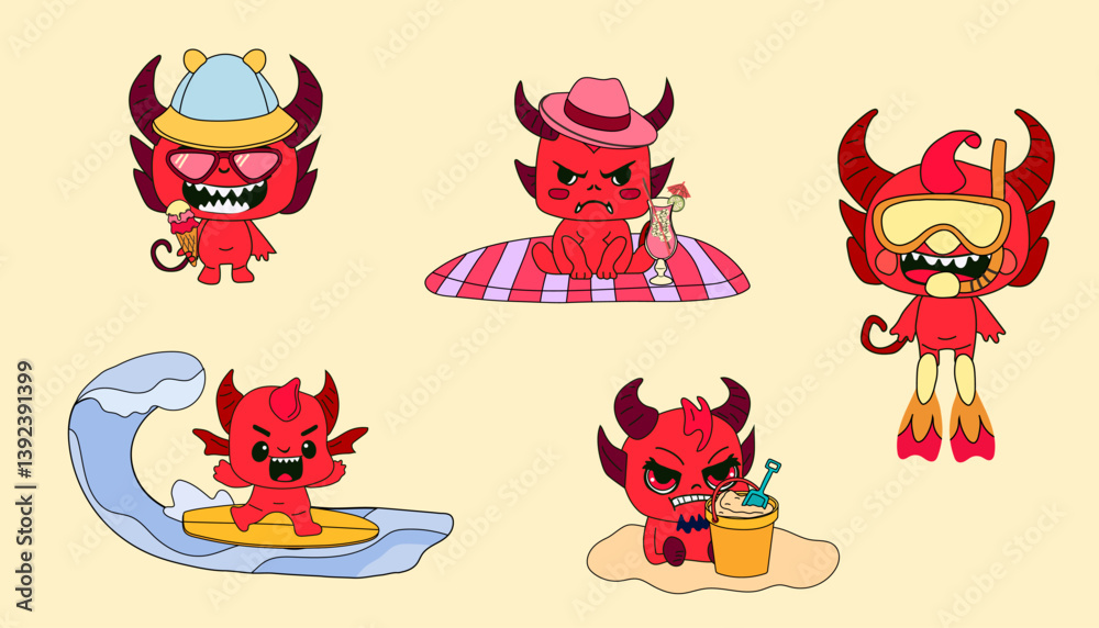 Fototapeta premium Cute devil characters enjoying a fun summer beach holiday, relaxing and playing in a whimsical and playful style