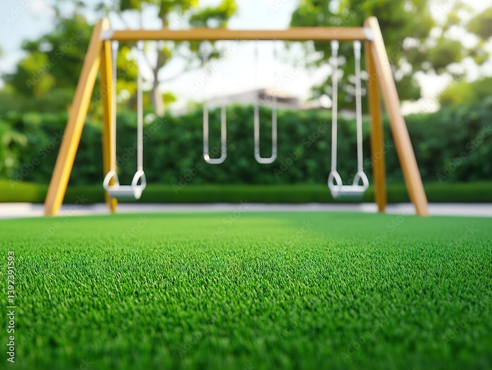 Fototapeta premium Children playing on swings in a vibrant park outdoor playground lively green environment fun perspective