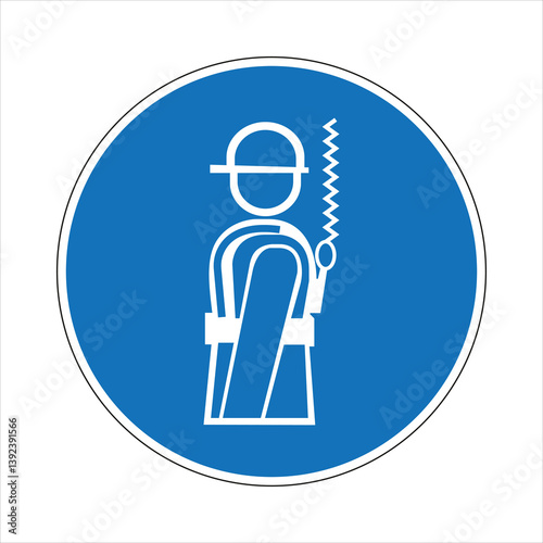 Mandatory sign of wearing safety harness and helmet in blue circle, isolated vector illustration