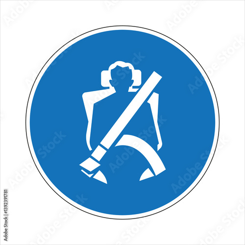 Blue round mandatory road sign showing driver wearing seat belt, promoting safety and preventing traffic accidents