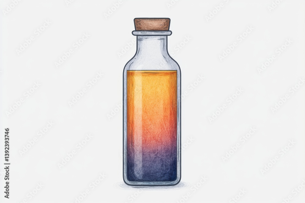 A glass bottle filled with a gradient-colored liquid, featuring a wooden cork, showcasing an artistic and minimalist design. A glass bottle filled with a gradient-colored liquid, featuring a wooden cork, showcasing an artistic and minimalist design.