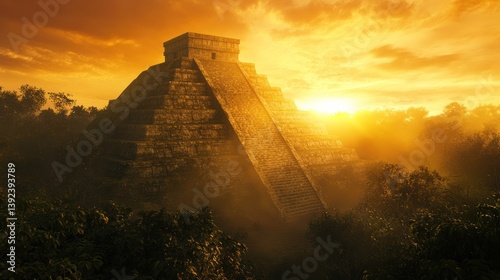 Fototapeta Naklejka Na Ścianę i Meble -  Majestic Mayan Pyramid Silhouette Against a Dramatic Sunset Landscape Depiction