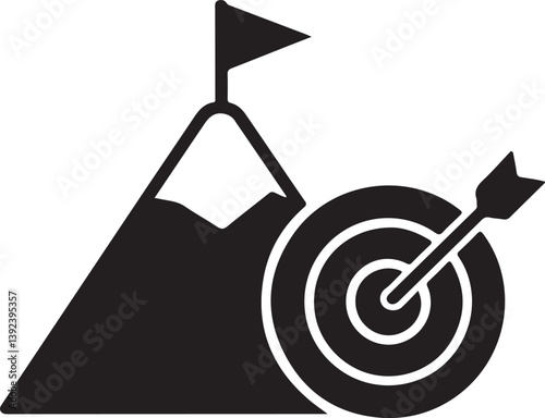 Vector illustration depicting a mountain with a summit flag and a target with an arrow hitting the bullseye, symbolizing success and ambition