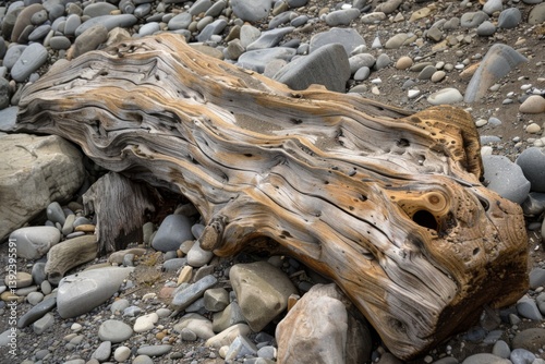driftwood log washed ashore on a rocky mountain beach