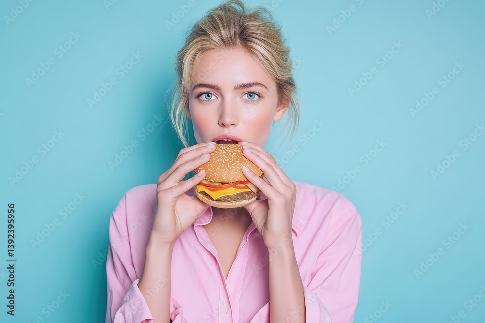 Young woman with blonde hair holding a burger in front of a blue background with pink shirt Young woman with blonde hair holding a burger in front of a blue background with pink shirt