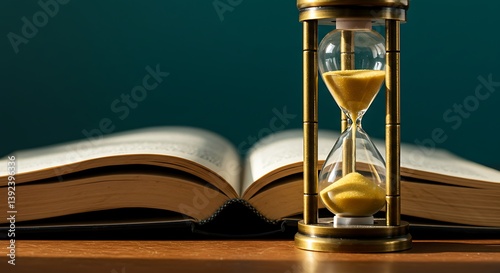 Hourglass and open Bible representing the end times.
