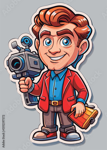 Vector illustration of a Cartoon cameraman holding camera.