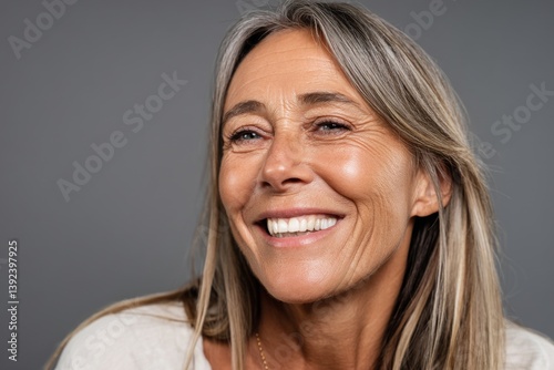 A mature old lady with grey hair is pictured laughing and smiling, demonstrating the benefits of a good skincare regimen and dental care for a beautiful and healthy face