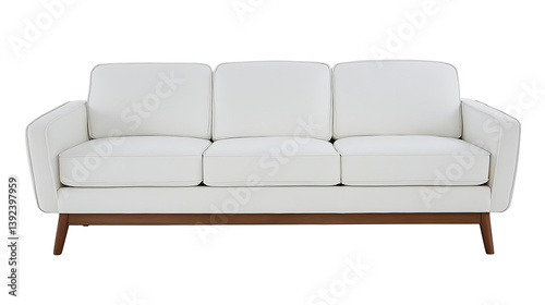 A white couch with a brown frame
