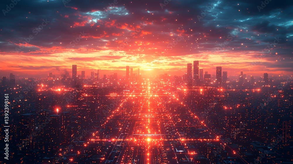 Obraz premium Fiery Sunset Cityscape Aerial View