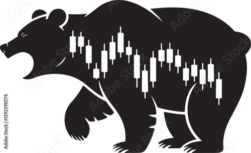 Bear market vector illustration with candlestick chart on aggressive bear silhouette. Stock trading concept art for finance, investing, economics