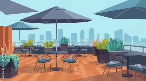 Roof cafe with a blue umbrella and several tables and chairs. The patio is located in a city and has a modern design. Colorful vector illustration