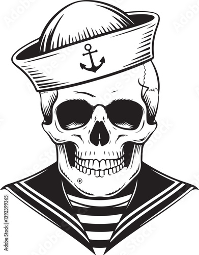 Illustration of a human skull wearing a traditional sailor hat and naval uniform, symbolizing maritime style, vintage, and nautical themes