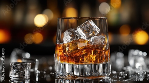 Glass of whiskey with ice cubes on a bar counter, blurred background of bottles