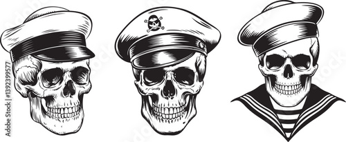 Illustration of a human skull wearing a traditional sailor hat and naval uniform, symbolizing maritime style, vintage, and nautical themes