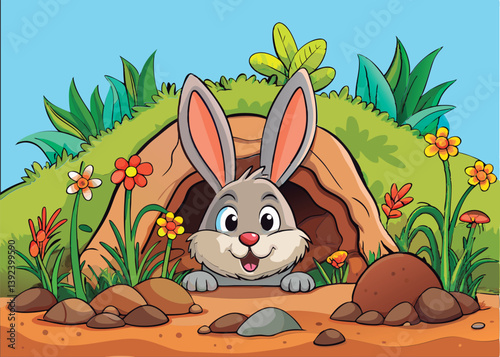 Happy bunny peeks from its burrow.