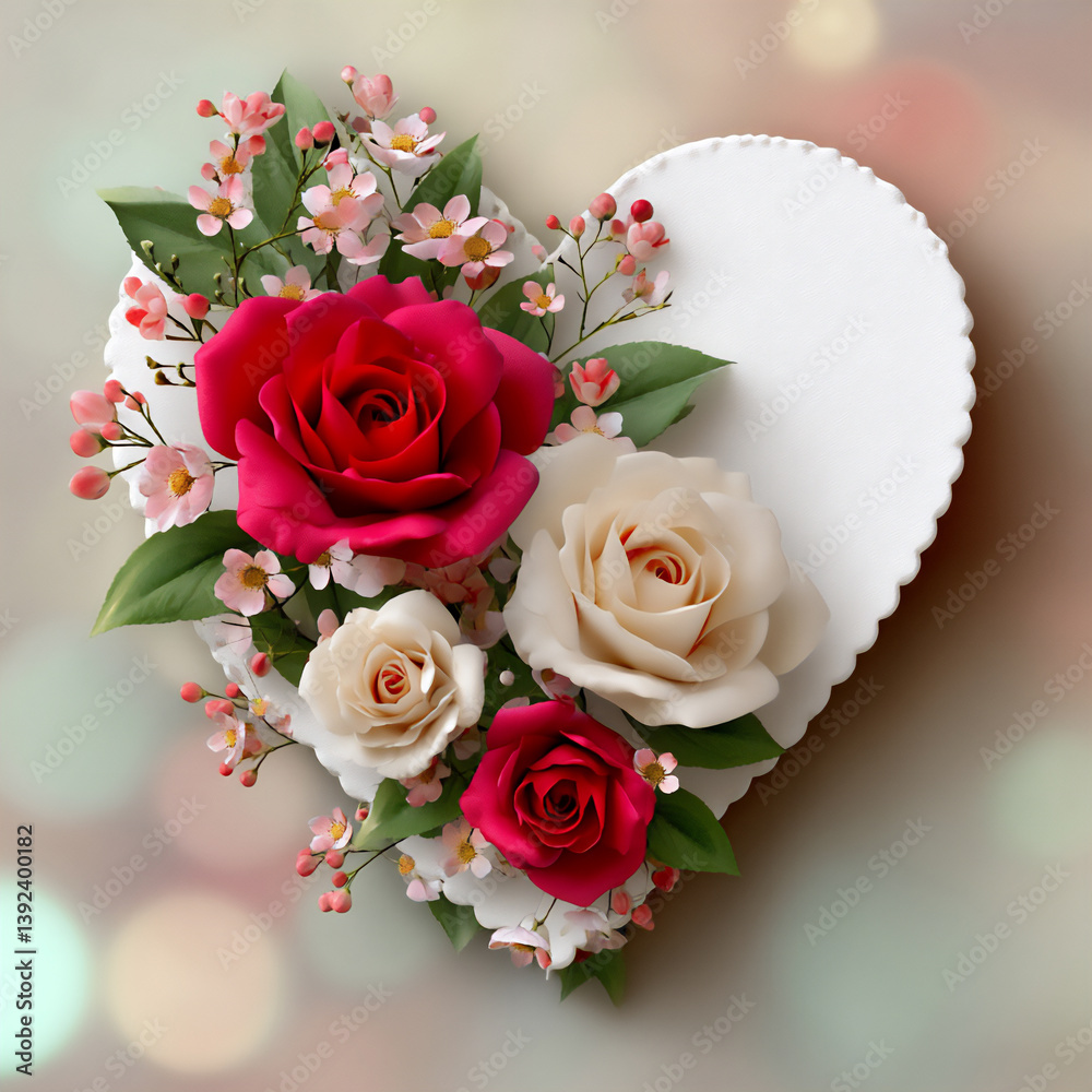 Obraz premium a heart-shaped card with roses and small flowers on the left, a bokeh background