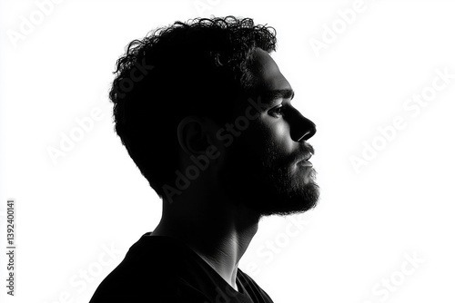 Silhouette of Young Man with Beard in Profile Against White Background