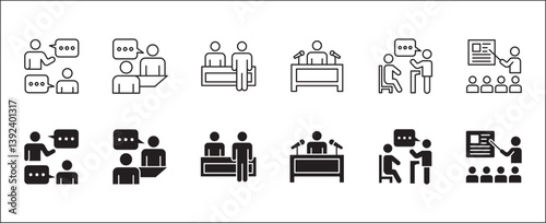Business training icon set. Business coaching and education icons. Contains symbol of management, lecture, mentoring, expert, qualification, qualified worker, learning, selection. Vector illustration
