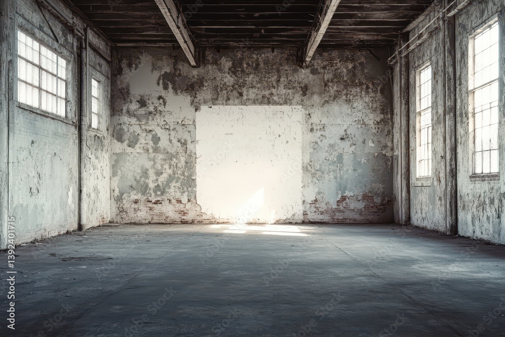Abandoned Industrial Building Interior with Light Streaming Through a Hole in the Wall Abandoned Industrial Building Interior with Light Streaming Through a Hole in the Wall