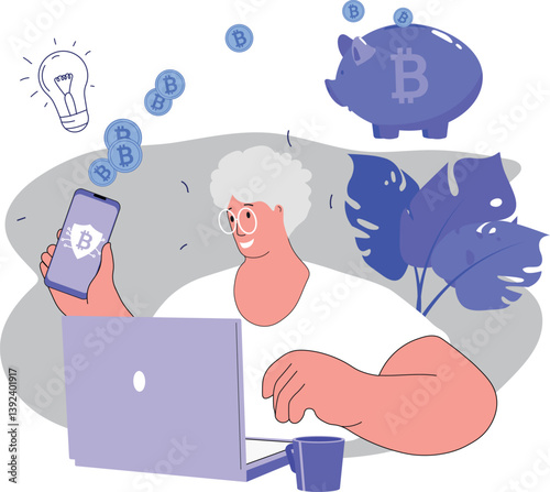 Cryptocurrency, gray-haired woman keeps money in digital currency, pension savings with electronic money. Piggy bank, bitcoin icon, vector illustration