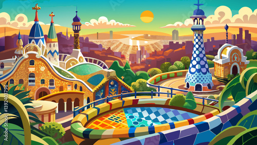 View of the city from Park Guell in Barcelona, Spain