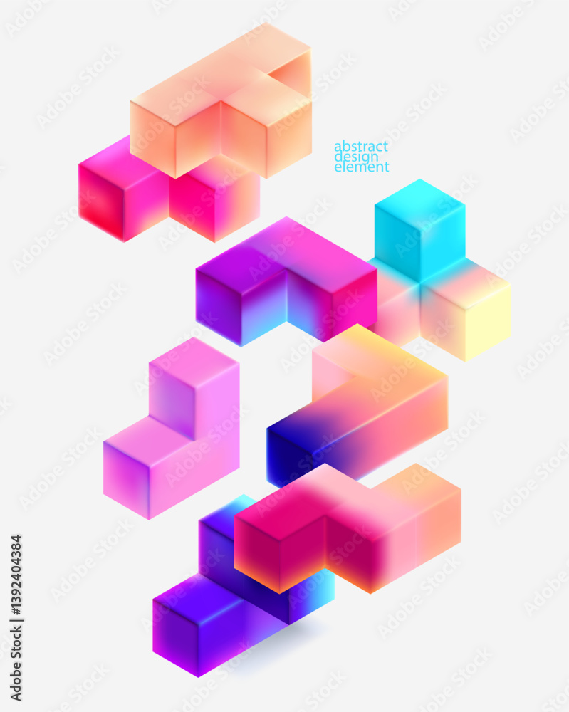 Multicolored 3D cubes. Glass iridescent geometric shape. Abstract conceptual background