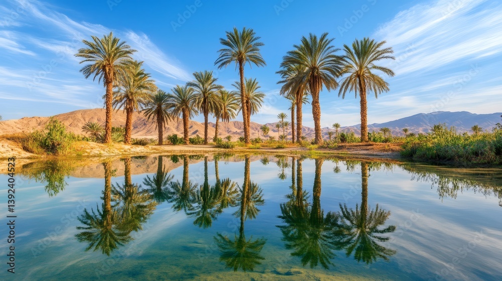 Oasis palm trees reflecting in calm water, desert mountains background, nature serenity Oasis palm trees reflecting in calm water, desert mountains background, nature serenity
