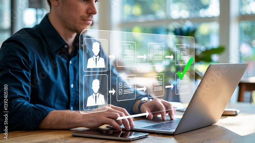 Streamlining Approval Workflows and Business Process Management Businessman Using Laptop to Review and Approve Legal Documents Ensuring Efficient Completion.